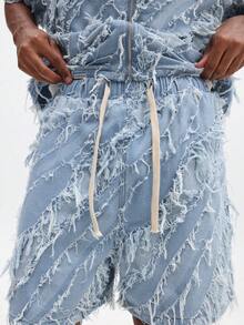 SUMWON Distressed Light Blue Denim Co-Ord Set Frayed Shirt And Shorts Two Piece Matching Outfit Summer Street Style - Blue - View 6