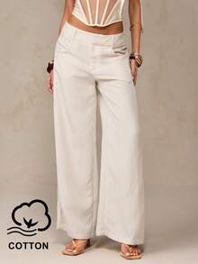 SHEIN BAE 亚麻混纺休闲阔腿裤，适合度假、海滩、法国南部、意大利、伊比沙岛等地的休闲活动，也适合通勤、休闲、早午餐等场合。这款亚麻长裤是夏季女士休闲装的理想之选，可搭配沙滩装、外出上衣、休闲衬衫、彩色条纹长裤、夏季阔腿裤、休闲裤、白色长裤等，适合女士休闲穿着，也适合商务休闲场合。 - 杏色 - 查看 9