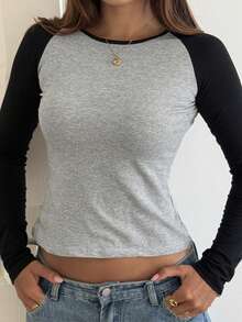 DAZY Camiseta casual de manga larga con cuello redondo y manga raglán, corta, ajustada, adecuada para salidas diarias - Gris - Ver 5