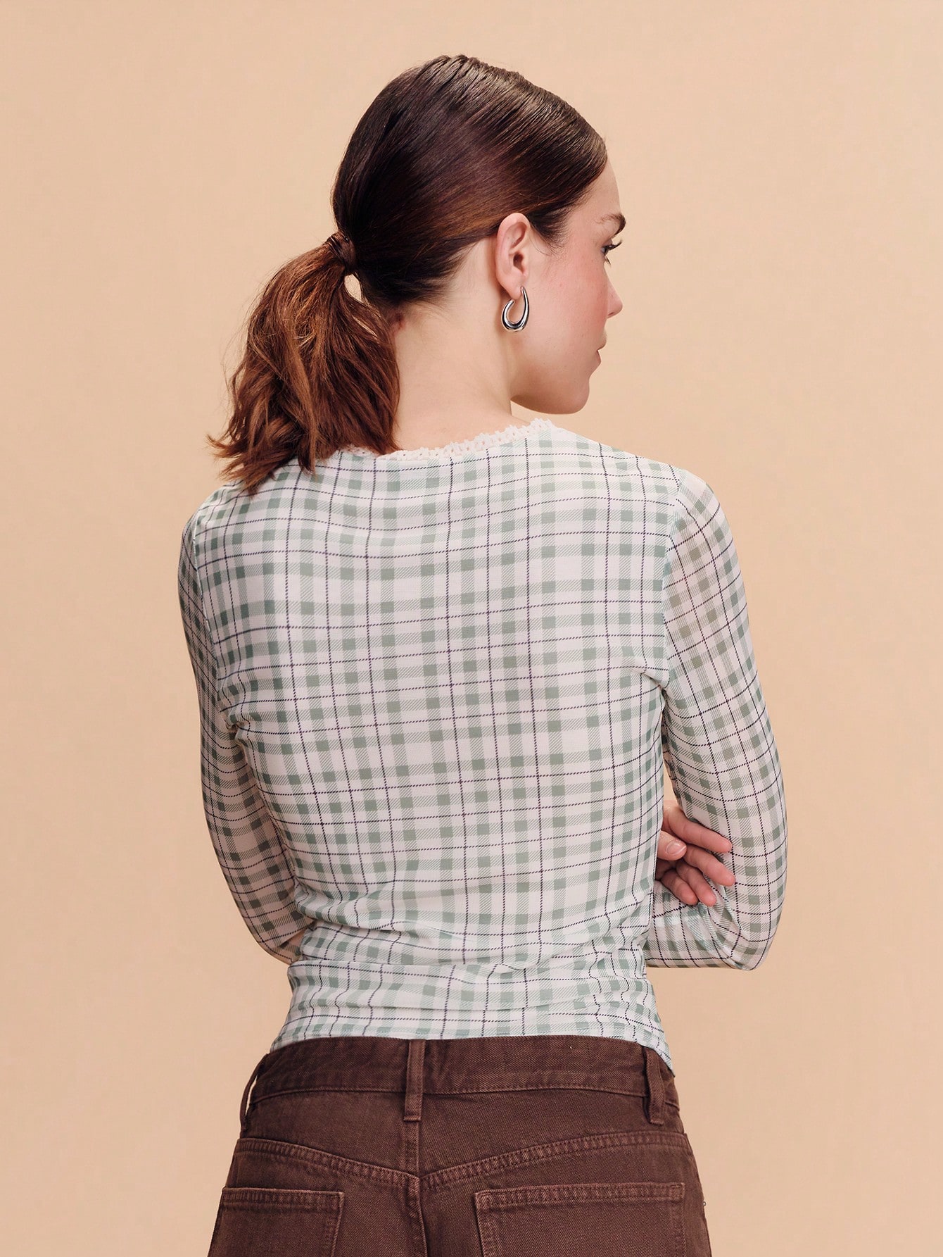 Green Check Mesh Longsleeve Fitted Top With Mini Lace Trim Detail Cute Spring Summer Cute Top French Style Parisian Style