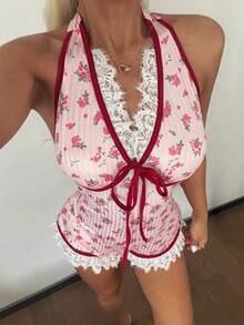 SHEIN 情人节蕾丝边露背吊带性感蕾丝边可爱连体衣 - 粉色 - 查看 5