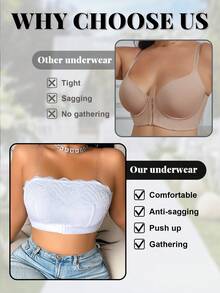 大码女士无肩带防滑防闪烁露肩抹胸文胸，可爱浪漫蕾丝裹胸带可拆卸乳贴内衣 - 白色 - 查看 5