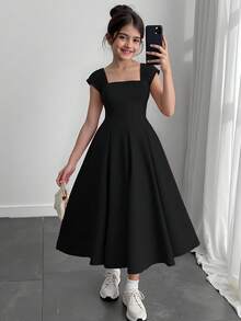 少女优雅无袖宽肩带腰部褶皱喇叭形黑色长款连衣裙，圣诞/新年派对礼服，女童正式礼服 - 黑色 - 查看 6