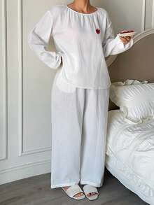 Dazy Plus 2pcs/Set Loose Long Sleeve Top And Long Pants Pajama Set, White, Spring/Summer - White - View 4