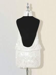 SHEIN ICON Glittering Sequin High Neck Backless Ruched Bodycon Mini Dress - White - View 8