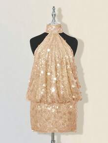SHEIN ICON Glittering Sequin High Neck Backless Ruched Bodycon Mini Dress,Summer Dresses For Women - Apricot - View 3