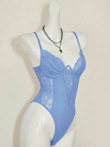 SHEIN ICON Y2K 春季嘉年华蕾丝拼接紧身吊带露脐上衣高腰露背连体衣女款 - 藍色 - 查看 4