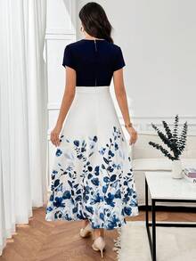 Miaspire 女士度假植物图案圆领短袖侧打结优雅连衣裙 - 彩色 - 查看 2