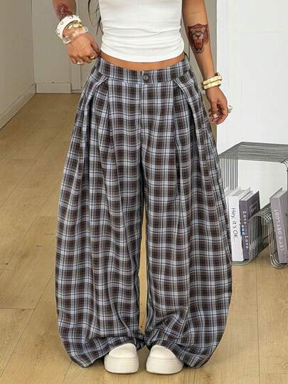 Coolane Women's Summer Vintage Going Out Casual Hippie Street Oversized Plaid Pattern Scimitar Pants Plaid Pants Oversized Pants Checkered Pants Wide Pants Loose Pants