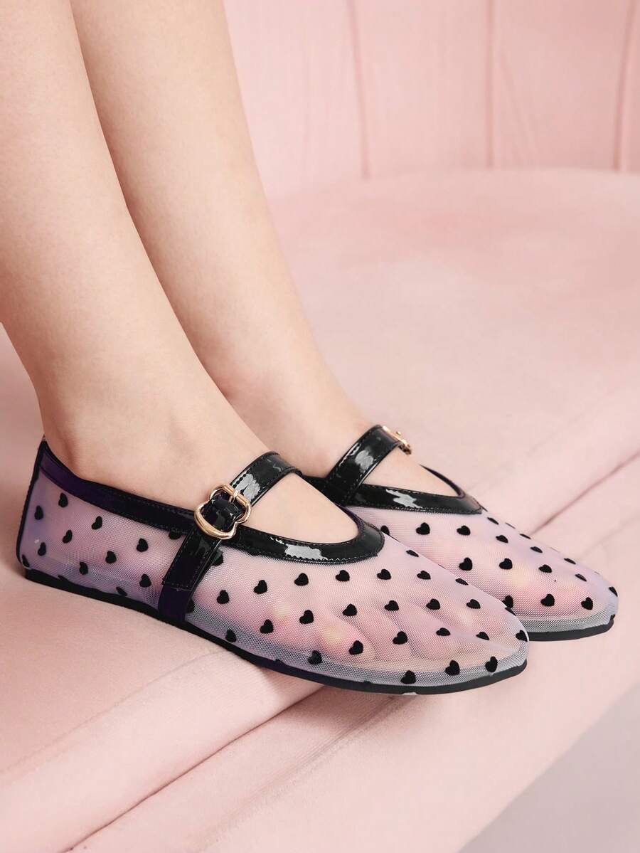 CUCCOO DOLLMOD 女士米色网眼方头玛丽珍鞋，平底金属扣，甜美通勤约会优雅鞋 - 米色 - 查看 1