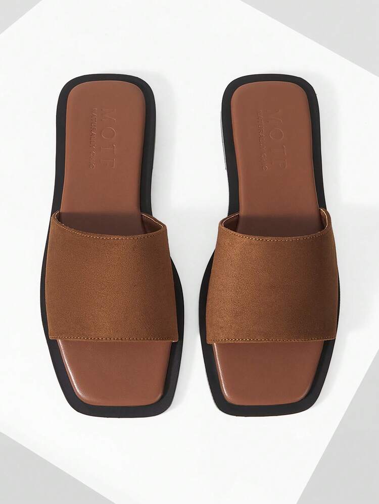 WOMEN SHOES SUMMER EXPLOSION RETRO FASHION BROWN SUEDE SEXY SQUARE TOE OPEN-TOED FLAT-BOTTOMED SANDALS, SIMPLE AND ATMOSPHERIC SLIP-ON VERSATILE CASUAL COMFORTABLE LIGHTWEIGHT HIGH-END BEACH SANDALS