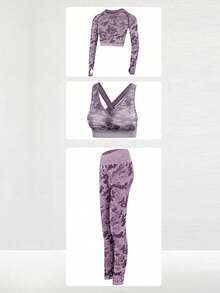 Conjunto Deportivo Mujer 3 Piezas Camuflaje Set Deportivo Completo con Sujetador Deportivo Top Deportivo Playera Deportiva y Leggings Ajustados Ropa Deportiva Mujer para Gimnasio Fitness Yoga Entrenamiento Uso Diario Primavera Verano Otoño - Morado - Ver 2
