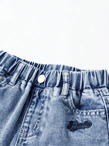 1. Young BoyCasual Denim Set, New Design With Letter Embroidery, Distressed Effect, Blue Washed Denim Outfit - Blue - View 7