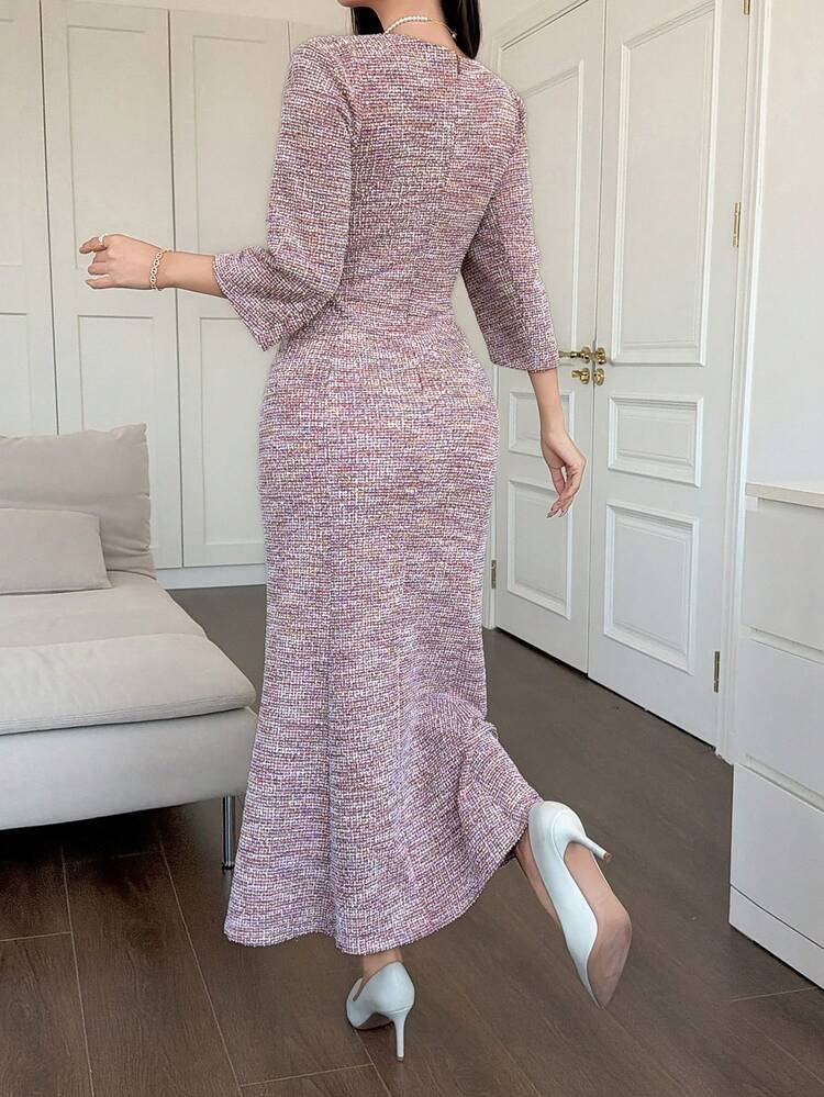 Elegant Jacquard Knit Waist-Cinched Long Dress With Square Neck And 3/4 Sleeves, Suitable For Summer Formal Events Maxi Dress Sundress