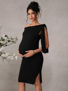 SHEIN Maternity Sexy Asymmetrical Shoulder Ruffle Bodycon Dress, Waist Cinching, Flattering Silhouette - Black - View 1