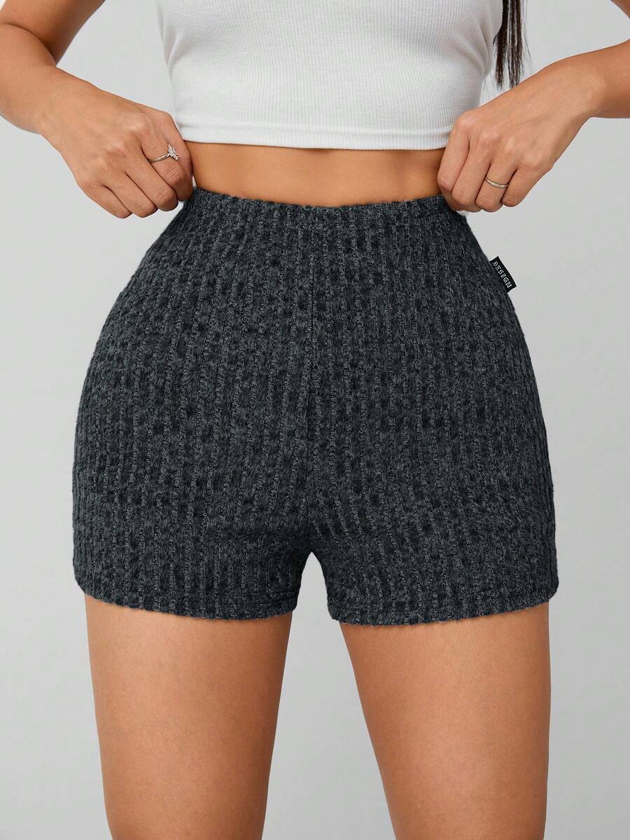 SHEIN PETITE Summer Marled Knit Biker Shorts - Dark Grey - View 1