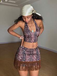 SHEIN Unity Women's Western Style Allover Print Halter Crop Top And Fringed Hem Mini Skirt 2 Pieces Set, Summer,Vacation Outfits Women ,Afro Boho Outfits - Multicolor - View 3