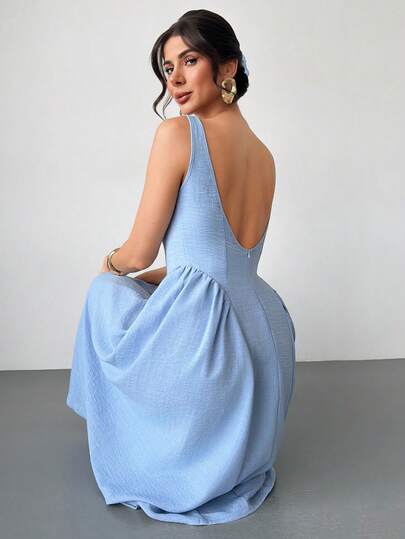 Firerie Women's New Light Blue V-Neck Backless Waist Flared Midi Dress, A-Line Waist Midi Dress, Blue Midi Dress, Backless Women's Dress, Retro Flared Midi Dress, Spring/Summer Clothing, Elegant, Commute, Date, Wedding Season, Graduation, Prom, Performance, Concert, Work Attire, Back To School, Annual Party, Women's Birthday, Holiday Dress, Dress, Birthday Gown, Party Dress, Graduation Dress, Wedding Guest Dress, Ball Gown, Formal Occasion