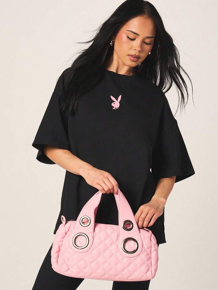 Missguided x Playboy Women's Oversized Black Short Sleeve Graphic T-Shirt With Pink Logo Print Crew Neck Casual Streetwear