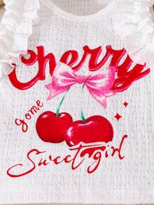 SHEIN 2 Stücke/Set süßer Mädchen Outfit für große Mädchen im Frühling/Sommer, weißes ärmelloses T-Shirt mit "KIRSCHE", Kirschenmuster & "Süßes Mädchen" Aufdruck + rot & weiß karierter plissierter Rock mit Spitzenbesatz, geeignet für den täglichen Gebrauch & Ausflüge - Verschiedenfarbig - Übersicht 4