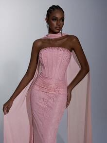 Elitara Petite Petite Petite Fit For The 150-160cm, Petite ,Elegant Luxurious Elastic Lace Strapless Shaping Corset With Rhinestone Embellished Detachable Necklace, Waist Slimming Pleated Fishtail Hem Dress, Suitable For Weddings, Parties, Vacations, Galas, And Formal Events - Baby Pink - View 5