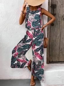 EMERY ROSE 波西米亚风复古印花圆领露脐上衣和阔腿裤两件套休闲沙滩装女装 - 彩色 - 查看 3