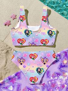卡通女孩，亮紫色，卡通女孩团体泳装印花图案，少女休闲简约吊带背心和三角比基尼泳装套装，适合夏季穿着 - 彩色 - 查看 2