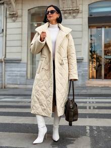 EURMUSE Quilted Longline Jacket With Diamond Stitch Detail / Diamond-Stitch Long Puffer – Lightweight & Stylish - Beige - View 3