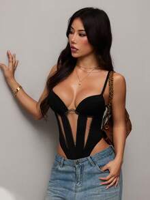 SHEIN PETITE 纯色休闲时尚度假性感吊带连体衣女款网纱连体衣 - 黑色 - 查看 10