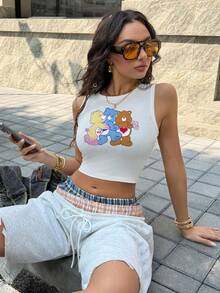 SHEIN X Care Bears 女士圆领短款修身休闲背心 - 白色 - 查看 4