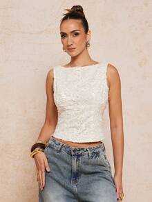 Lumalex Áo không tay dáng rộng, chất liệu vải jacquard họa tiết hoa 3D, kiểu dáng cắt xẻ, phối cổ áo lớn, thích hợp cho mùa xuân/hè. - Màu be - Xem 6