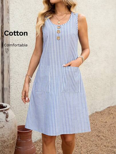 EMERY ROSE Women's Button Design Striped Round Neck Sleeveless Casual Pocket Mini Dress  Casual Dresses For Women Boho  Vacation Dresses  Vacation Outfits For Women Holiday Outfits