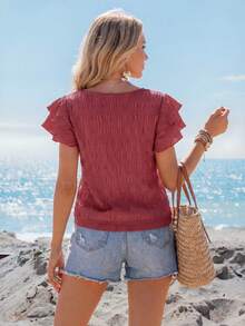 Sylviya Women Summer Solid Color Round Neck Short Flounce Sleeve Loose Pleated Blouse - Pink - View 2