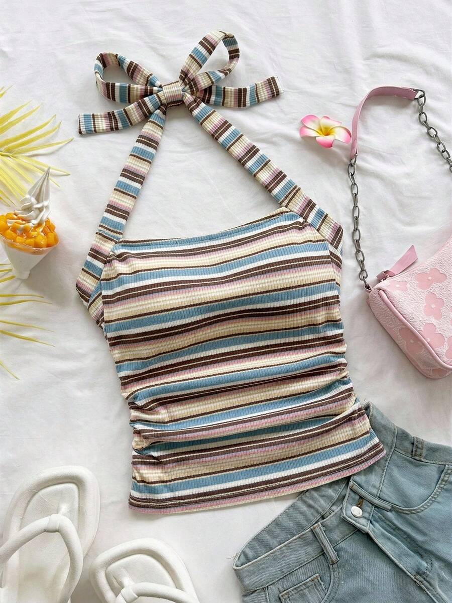 Soleia Women's Vacation Halter Neck Multicolor Striped Fitted Tank Top,Summer Top - Blue - View 1