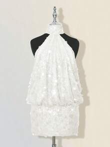 SHEIN ICON Glittering Sequin High Neck Backless Ruched Bodycon Mini Dress - White - View 3