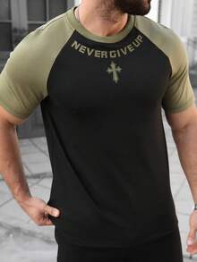 Manfinity Homme Men's Black And Gold Summer Streetwear Gym T-Shirt,Comfortable Raglan Sleeve Colorblock Graphic Tee,Yamamoto Round Neck Embossed Print Casual Shirt - Multicolor - View 7