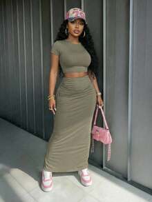 Slaydiva New Early Spring, Spring And Summer Music Festival, Valentine's Day, Easter, Bohemian Style, Nomadic Style, Casual, Simple And Basic, Cruise Party, Birthday Party, Daily Date, Casual Vacation, Elegant Commuting, Round-Neck Short-Sleeved, Ultra-Crop Top, T-Shirt + Side Drawstring, Bodycon Skirt, H-Shaped Long Skirt, Gray-Brown Set, Women's Two Pieces Set -A - Grey - View 2