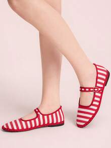 CUCCOO DOLLMOD Women's Shoes Classic Red Striped Single Strap Flats Spring Shoes - red stripe - View 5