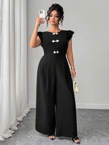 Elenzga Plus Size Women's Elegant Casual Minimalist Round Neck Cap Sleeve Contrast Color Button Waist Long Jumpsuit, Black - Black - View 3
