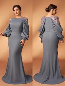 Serin Plus Size Rose Gold Spring Elegant Evening Mermaid Dress,Gray Sequin Embroidered Patchwork Elastic Knit Asymmetric Ruffle Sleeve Fitted Party Gown - Grey - View 3