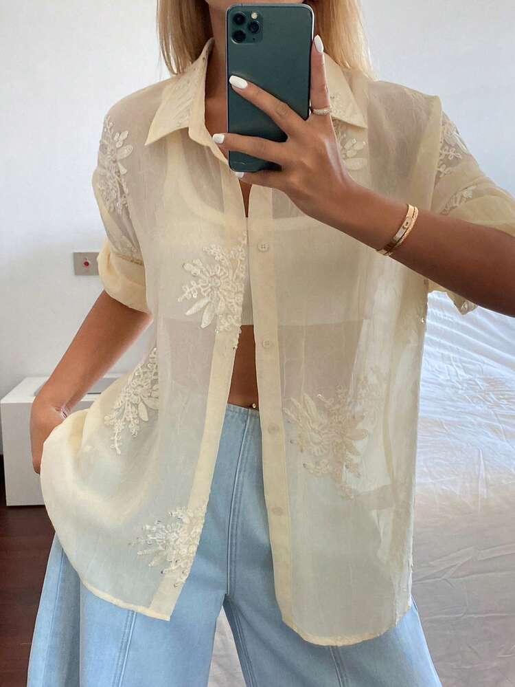 Botanical Print Beaded Embroidery Dropped Shoulder Sleeve Women Blouse Summer