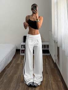 Muchica 女士休闲拼接撞色宽松阔腿裤，日常百搭 - 白色 - 查看 5