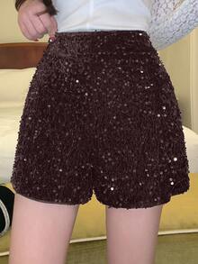 DAZY Women's Elegant Sequin Decorated Shorts, Spring/Summer - Coffee Brown - View 4