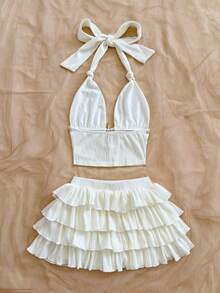 Soleia Women's Vacation Twist Knot Starfish & Shell Print Top And Mini Skirt 2 Pieces Set - White - View 2