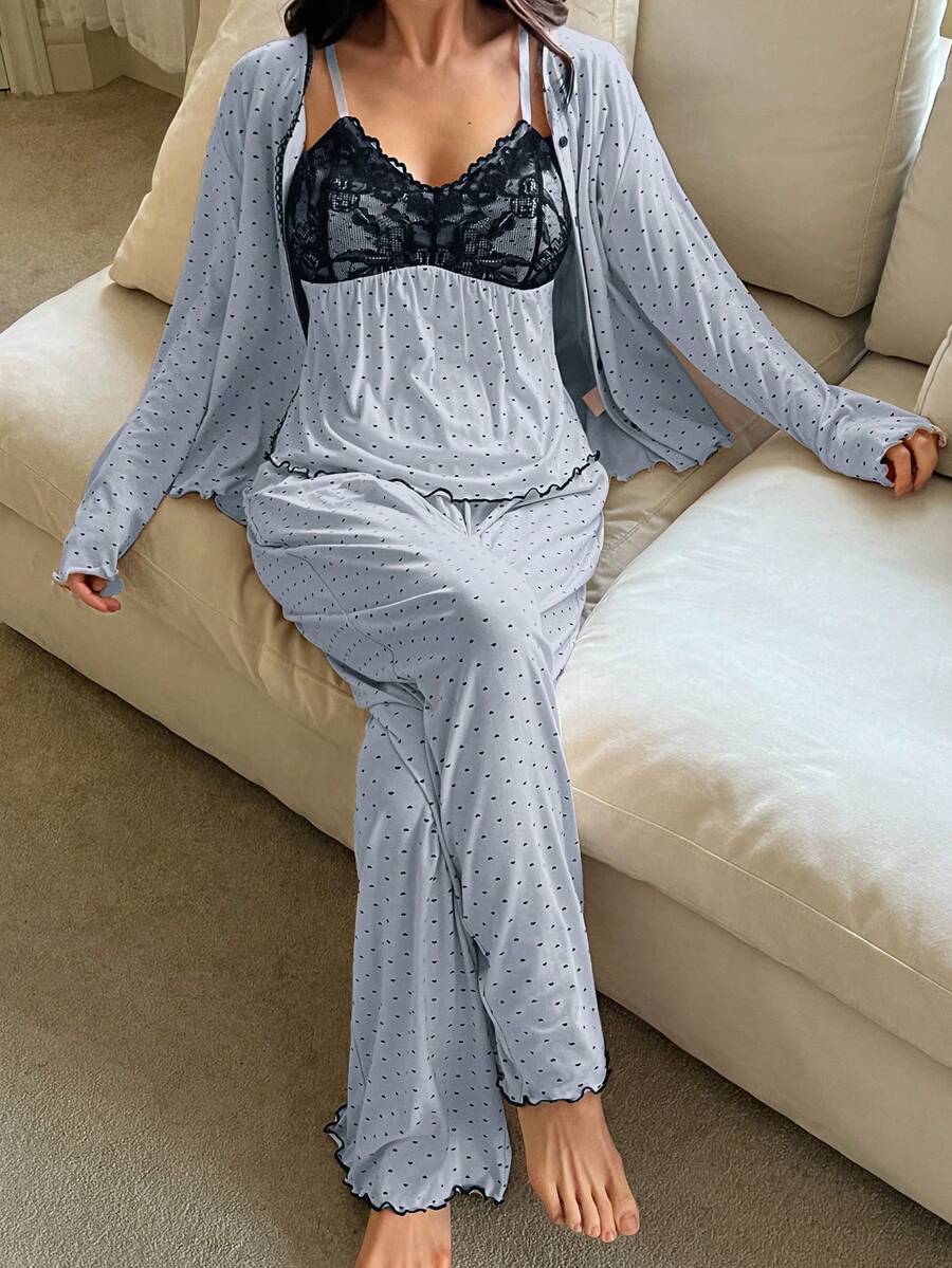 DAZY 3pcs Women's Polka Dot Pattern Cardigan Long Sleeve Top, Lace Splice Sleeveless Camisole And Straight Leg Long Pants Pajama Set, Spring - Blue - View 1