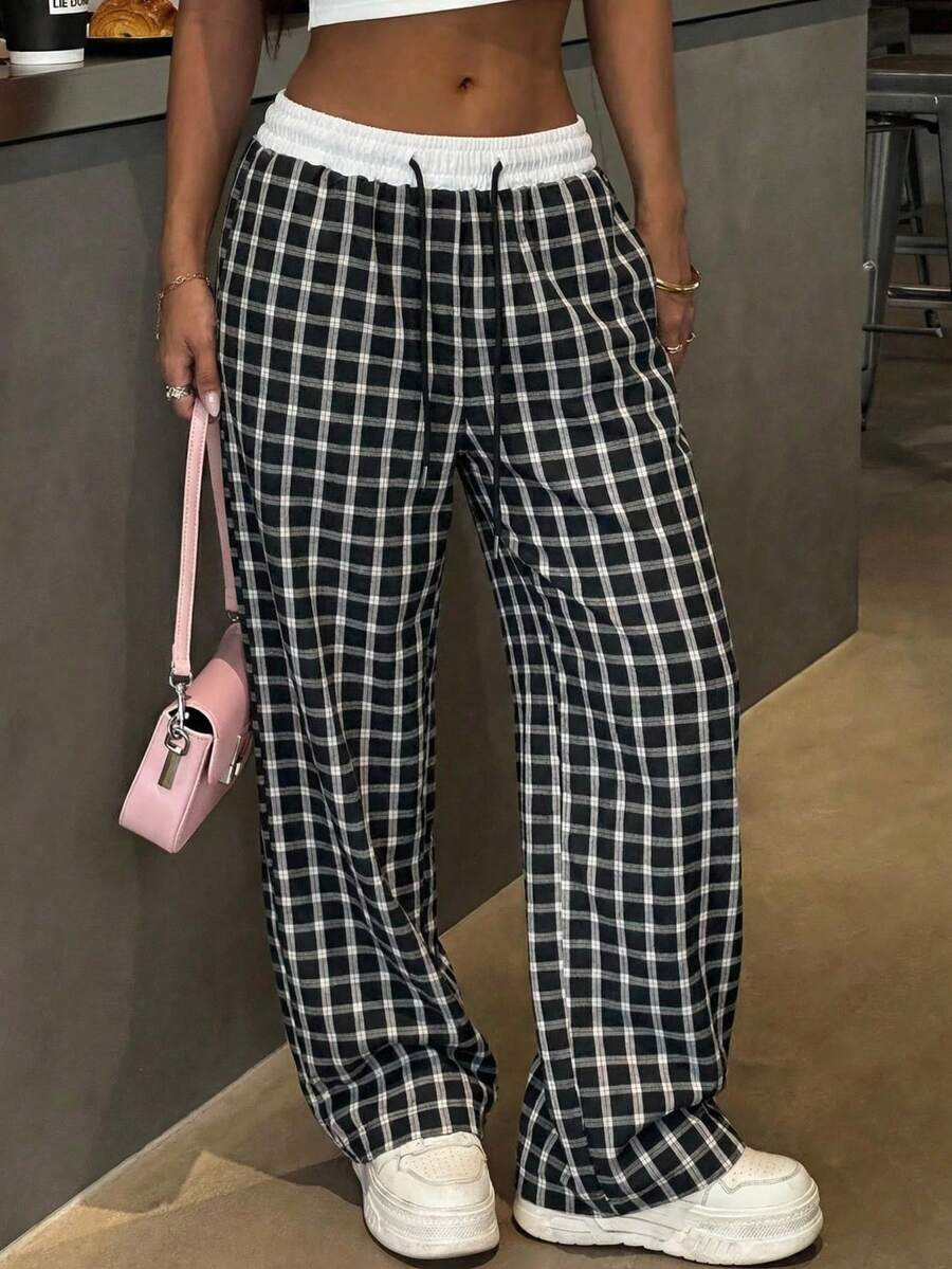 SHEIN EZwear 格子抽绳腰宽松阔腿梭织休闲裤 - 黑色 - 查看 1