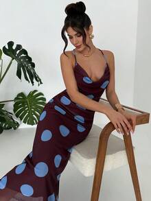 Firerie Women's New Retro Polka Dot Chocolate Blue Dot Mesh Plunging Neck Backless Dress, Fashionable Sexy Style Dress - Chocolate Brown - View 8