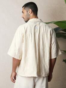 SUMWON Men's Boxy Fit Short Sleeve Revere Collar Embroidered Resort Shirt Casual Button Down Summer Vacation Beach Wear Plain - Apricot - View 2