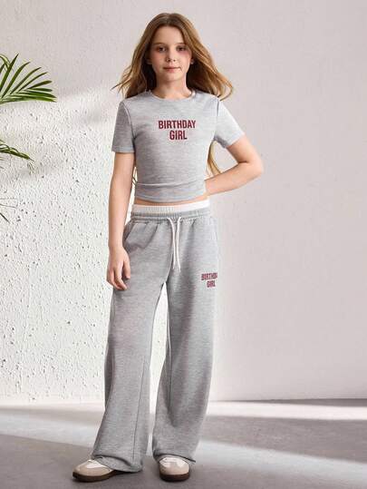 Oversized Gray Printed Loose Short Sleeve T-Shirt Set For Teenage Girls, Casual Street Style Summer Tops, Comfortable & Versatile For Vacation, Travel, Campus And Daily Wear