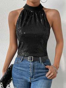 Rafferiza Petite Women's Black Tie Back Halter Neck Sequins Blouse,Summer 70's Club Night Party Disco Glittery Sparkly Top,Valentine's Day Birthday Outfit ,Petite Women - Black - View 1